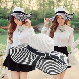 Fashion Women Straw Sun Hat Wide Brim Stripes Bow Floppy Cap Summer Beach Bohemia Headwear Black