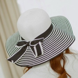 Fashion Women Straw Sun Hat Wide Brim Stripes Bow Floppy Cap Summer Beach Bohemia Headwear Black