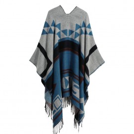 Women Knitted Shawl Poncho Faux Cashmere Geometric Pattern Tassel Oversized Long Bohemia Cape