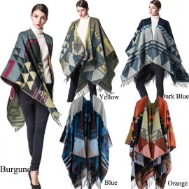Women Knitted Shawl Poncho Faux Cashmere Geometric Pattern Tassel Oversized Long Bohemia Cape