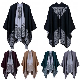 Vintage Women Poncho Cardigan Sweater Lace Patten Faux Cashmere Capes Shawl Scarf Loose Outerwear