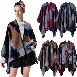 Fashion Women Poncho Cardigan Sweater Contrast Color Block Faux Cashmere Capes Shawl Scarf Loose Outerwear