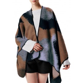 Fashion Women Poncho Cardigan Sweater Contrast Color Block Faux Cashmere Capes Shawl Scarf Loose Outerwear