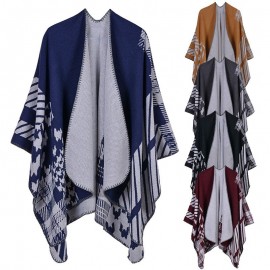 Fashion Women Winter Poncho Houndstooth Pattern Scarf Thick Warm Shawl Vintage Casual Pashmina Cloak Outerwear