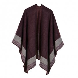 Vintage Women Knitted Shawl Poncho Faux Cashmere Plaid Stripes Open Front Autumn Winter Warm Cape