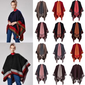 Vintage Women Knitted Shawl Poncho Faux Cashmere Plaid Stripes Open Front Autumn Winter Warm Cape