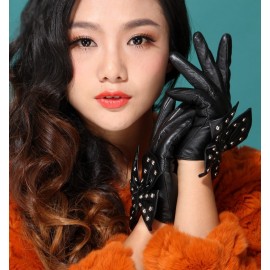 Fashion Elegant Women Gloves Soft PU Leather Bow Rivets Short Gloves Black