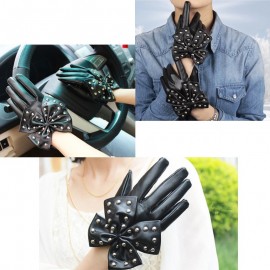Fashion Elegant Women Gloves Soft PU Leather Bow Rivets Short Gloves Black