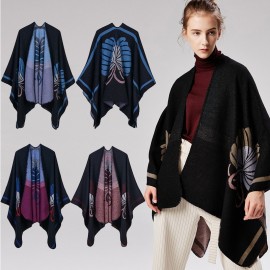 Fashion Women Poncho Cardigan Sweater Floral Print Faux Cashmere Capes Shawl Scarf Loose Outerwear