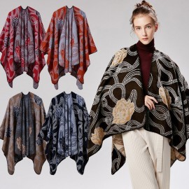Winter Women Loose Vintage Outerwear Coat Oversized Knitted Cashmere Poncho Cape Shawl Cardigan Sweater