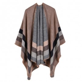 Fashion Women Faux Cashmere Poncho Cardigan Striped Print Winter Capes Sweater Shawl Scarf Loose Outerwear