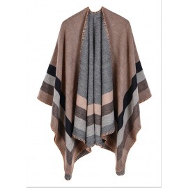 Fashion Women Faux Cashmere Poncho Cardigan Striped Print Winter Capes Sweater Shawl Scarf Loose Outerwear